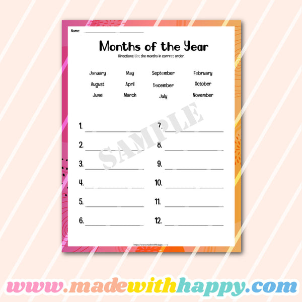 Months of the Year Worksheets